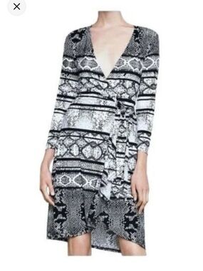 BCBGMaxAzria Black and White Printed Wrap Dress